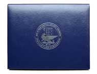 silver foil imprinting on a navy blue leatherette certificate holder