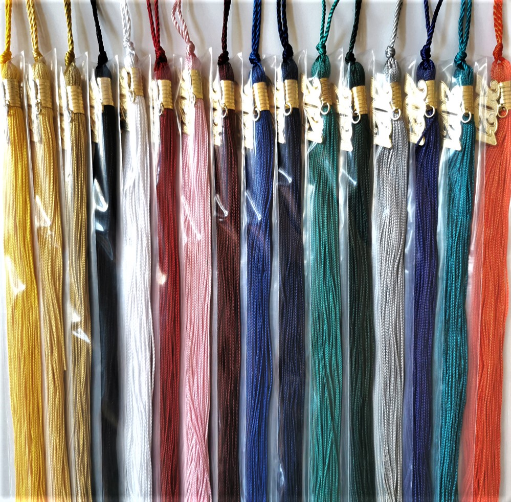 pink, royal blue, navy blue, black, white, red, purple, green, burgundy, gold, orange and silver colored tassels