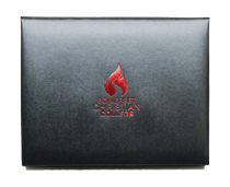 red foil imprinting on a leatherette diploma cover
