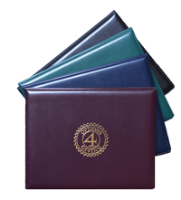 blue, Burgundy, green and black vinyl diploma covers with gold foil imprinting